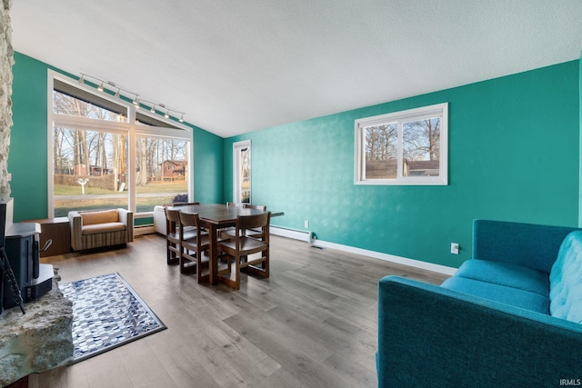 dining space with hardwood / wood-style floors, lofted ceiling, and a textured ceiling