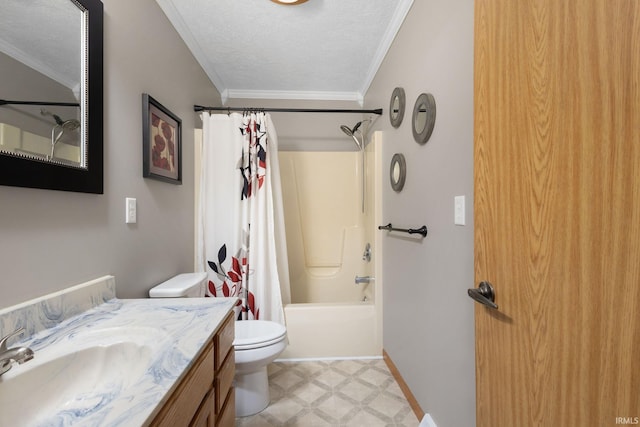 full bathroom with vanity, toilet, shower / bath combo with shower curtain, ornamental molding, and a textured ceiling