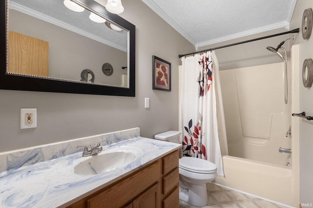 full bathroom with a textured ceiling, toilet, shower / tub combo with curtain, vanity, and ornamental molding