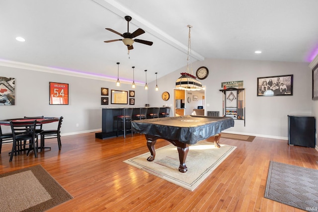 game room featuring ceiling fan, lofted ceiling with beams, wood-type flooring, bar, and pool table