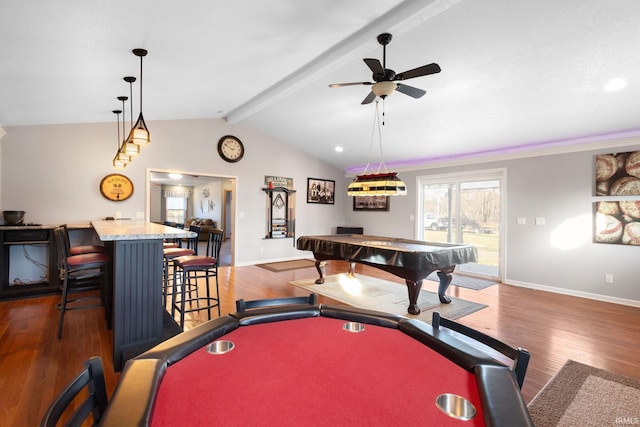 playroom with ceiling fan, lofted ceiling with beams, dark hardwood / wood-style floors, and billiards