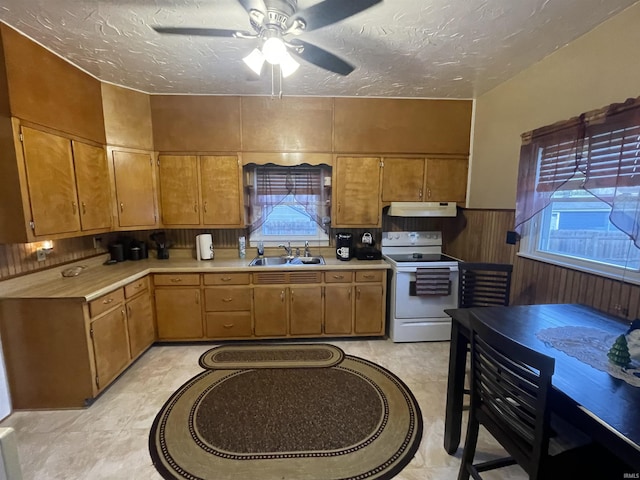 kitchen with a textured ceiling, a healthy amount of sunlight, sink, and white electric stove