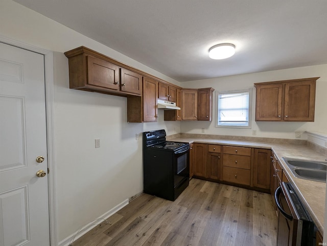 kitchen with black / electric stove, sink, dishwasher, and light hardwood / wood-style flooring