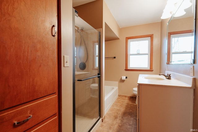 full bathroom featuring tile patterned flooring, vanity, independent shower and bath, and toilet