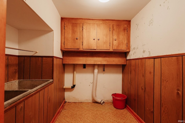 clothes washing area featuring wood walls