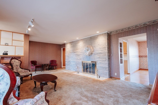 living room featuring rail lighting, light colored carpet, and a fireplace