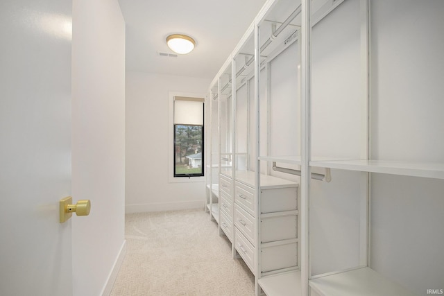 spacious closet featuring light carpet