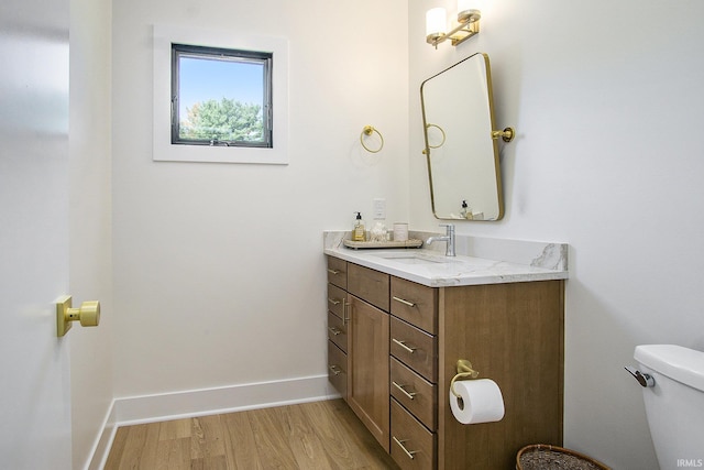 bathroom featuring vanity, toilet, and wood-type flooring