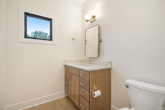 bathroom featuring vanity, hardwood / wood-style flooring, and toilet