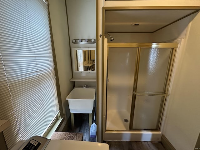 bathroom with a shower with door, sink, and wood-type flooring