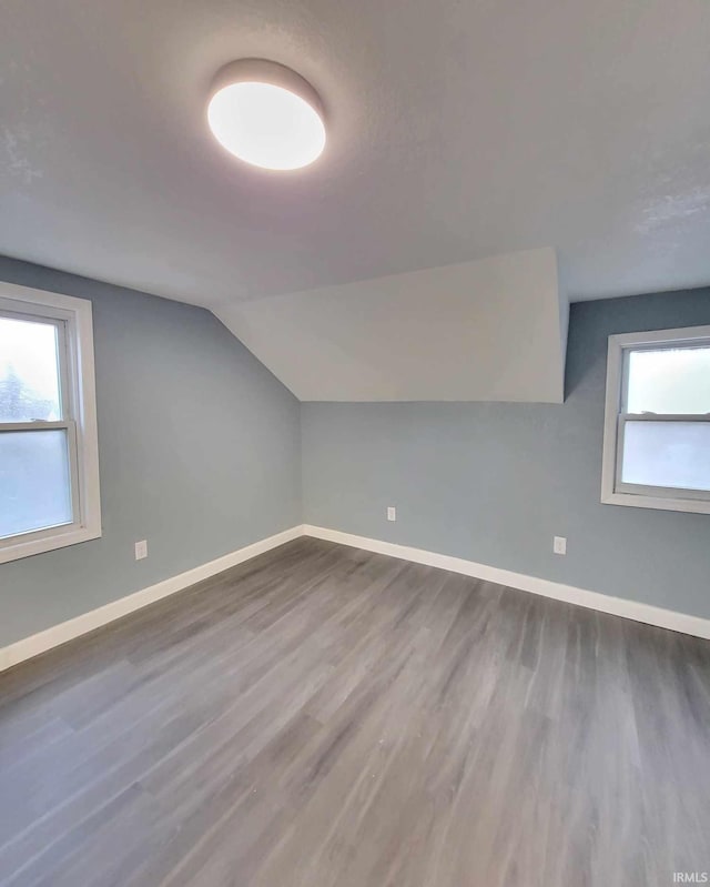 additional living space with vaulted ceiling, a healthy amount of sunlight, and dark hardwood / wood-style floors