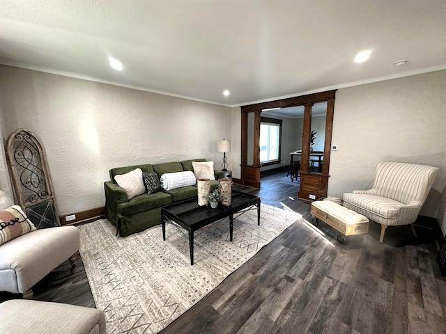 living room featuring hardwood / wood-style floors, ornamental molding, and decorative columns