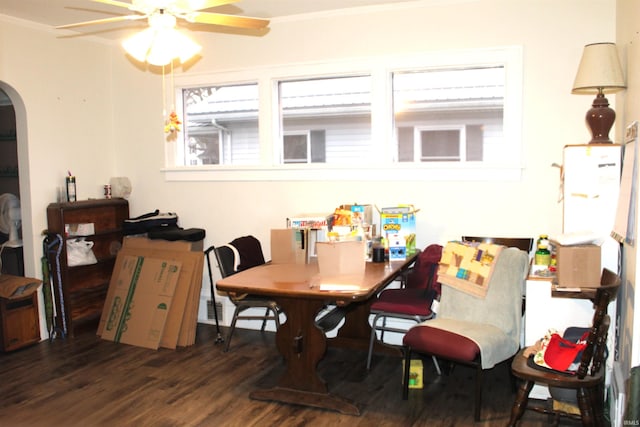 dining area featuring ceiling fan, crown molding, and dark wood-type flooring