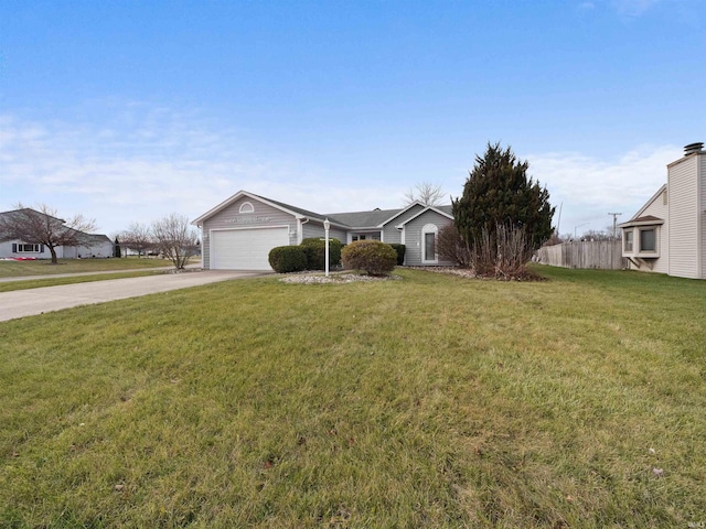 single story home with a front yard and a garage