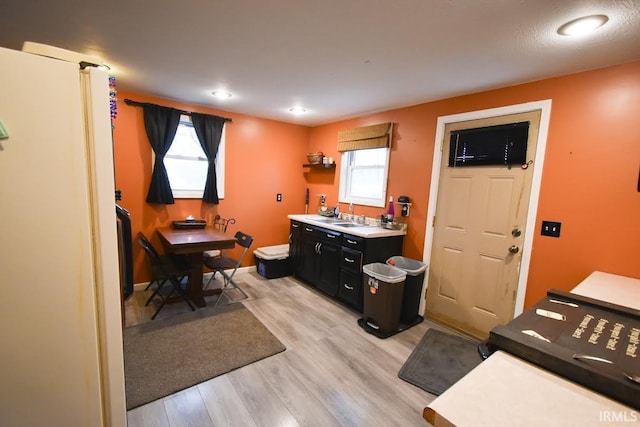 office space with a healthy amount of sunlight, sink, and light hardwood / wood-style flooring