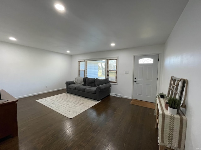 living room featuring dark wood-type flooring