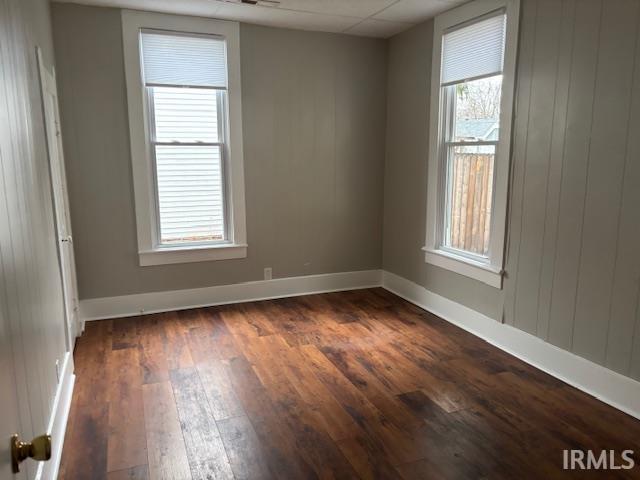 spare room with a wealth of natural light, dark hardwood / wood-style flooring, and a drop ceiling