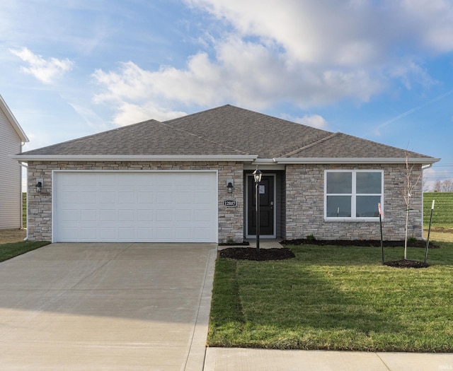 single story home featuring a front yard and a garage