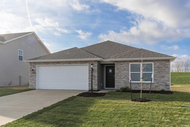 single story home featuring a front lawn and a garage