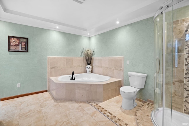 bathroom featuring tile patterned floors, toilet, and plus walk in shower