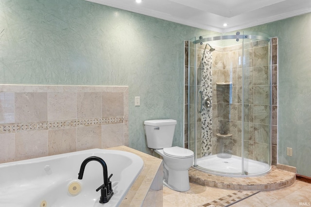 bathroom with tile patterned floors, toilet, crown molding, and independent shower and bath