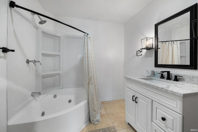 bathroom featuring tile patterned flooring, vanity, and shower / tub combo with curtain