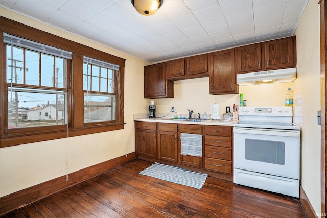 kitchen featuring sink, dark hardwood / wood-style flooring, and white electric range