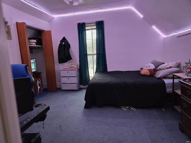 bedroom featuring light colored carpet and vaulted ceiling