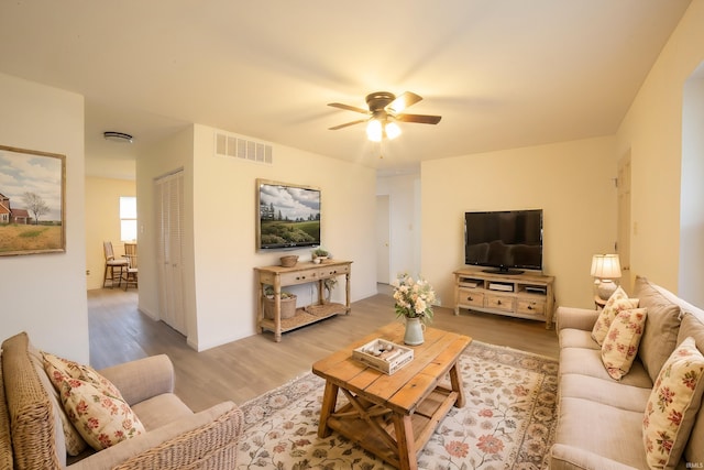 living room featuring ceiling fan and light wood-type flooring