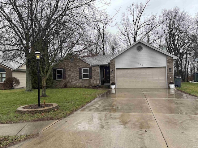 ranch-style home featuring a front yard, central AC, and a garage