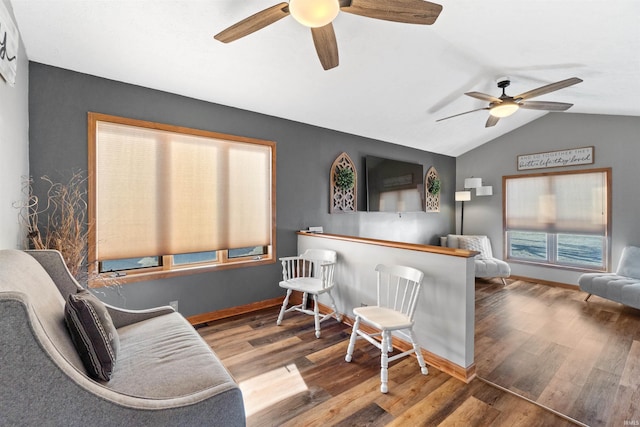 kitchen with lofted ceiling and wood-type flooring