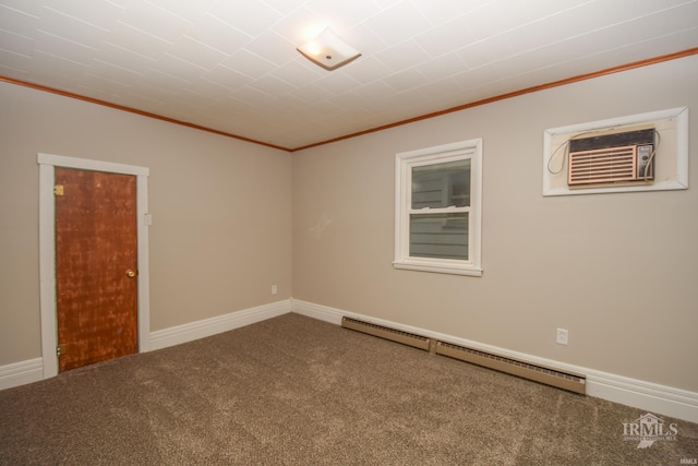 empty room featuring carpet flooring, ornamental molding, a wall mounted AC, and a baseboard heating unit