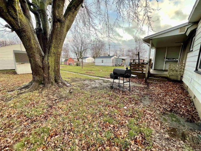 view of yard with a storage shed