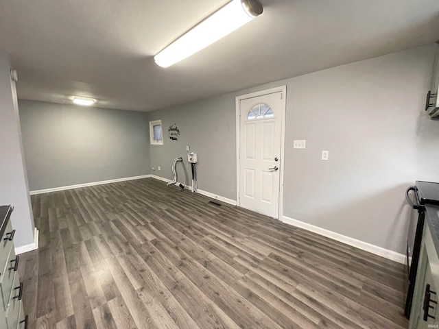 basement with dark hardwood / wood-style floors