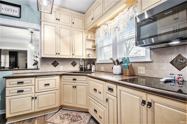 kitchen with backsplash, sink, ornamental molding, light wood-type flooring, and black electric cooktop