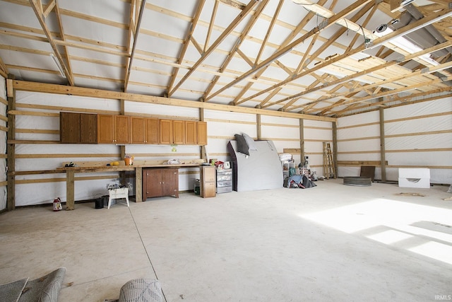 garage with a workshop area