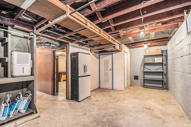 basement featuring stainless steel fridge