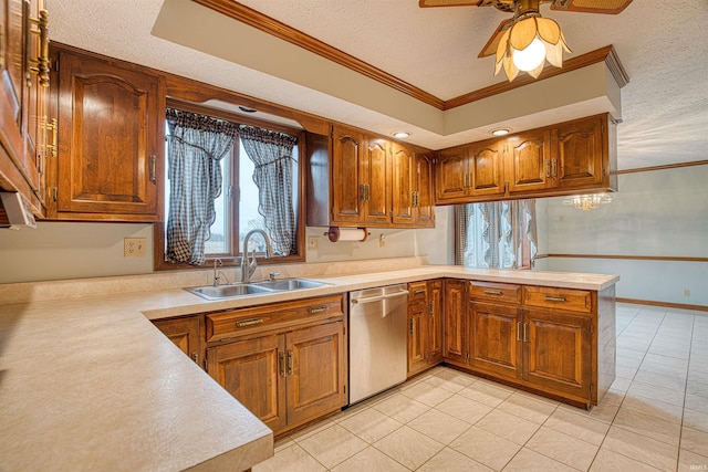 kitchen with kitchen peninsula, stainless steel dishwasher, ornamental molding, a textured ceiling, and sink