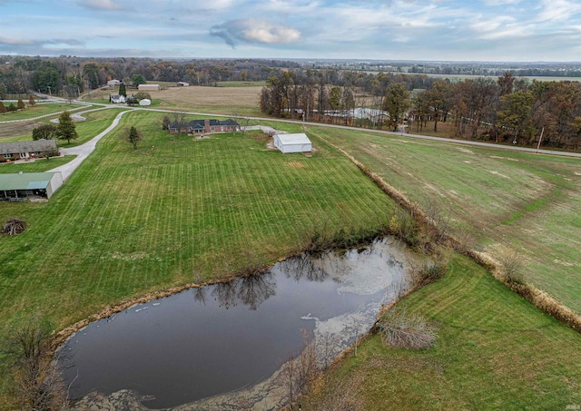 aerial view featuring a water view and a rural view