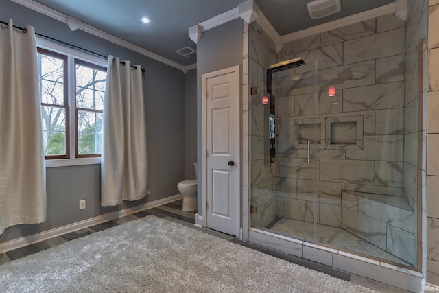 bathroom with walk in shower, crown molding, wood-type flooring, and toilet