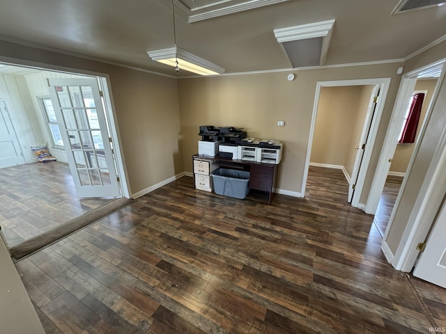 kitchen with dark hardwood / wood-style floors and crown molding