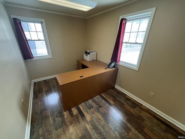 unfurnished office featuring dark hardwood / wood-style floors, a wealth of natural light, and ornamental molding