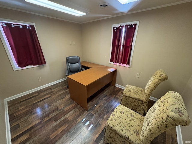 office space with dark wood-type flooring and ornamental molding