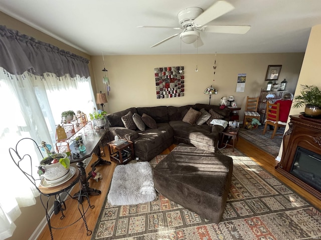 living room featuring ceiling fan and hardwood / wood-style floors