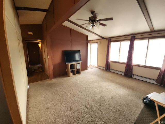 unfurnished living room featuring lofted ceiling with beams, light colored carpet, and ceiling fan