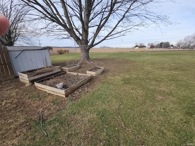 view of yard featuring a rural view and a storage unit