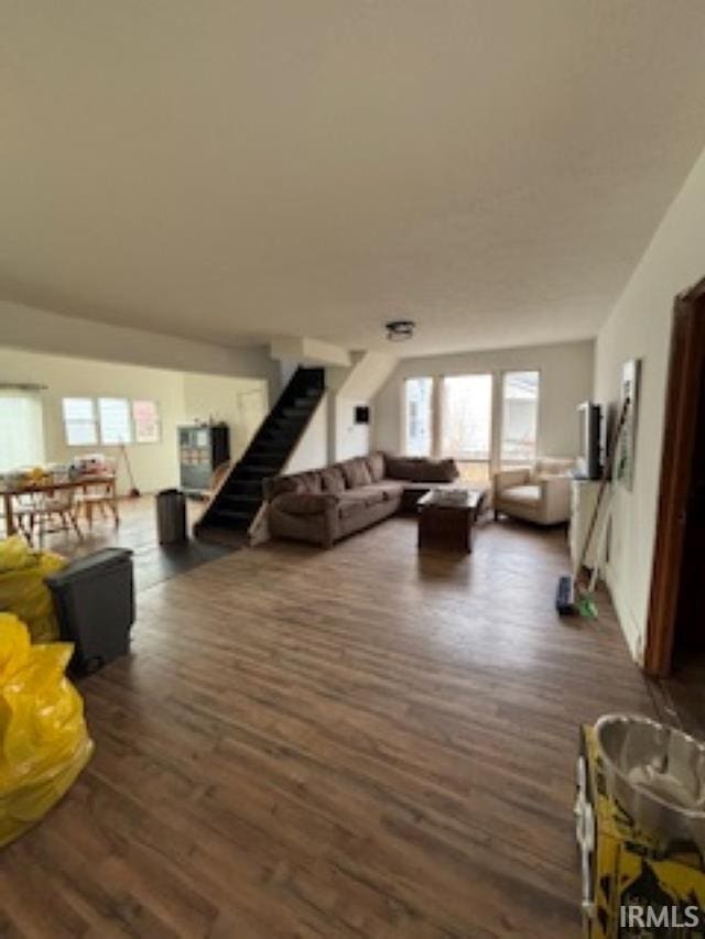 living room with dark wood-type flooring