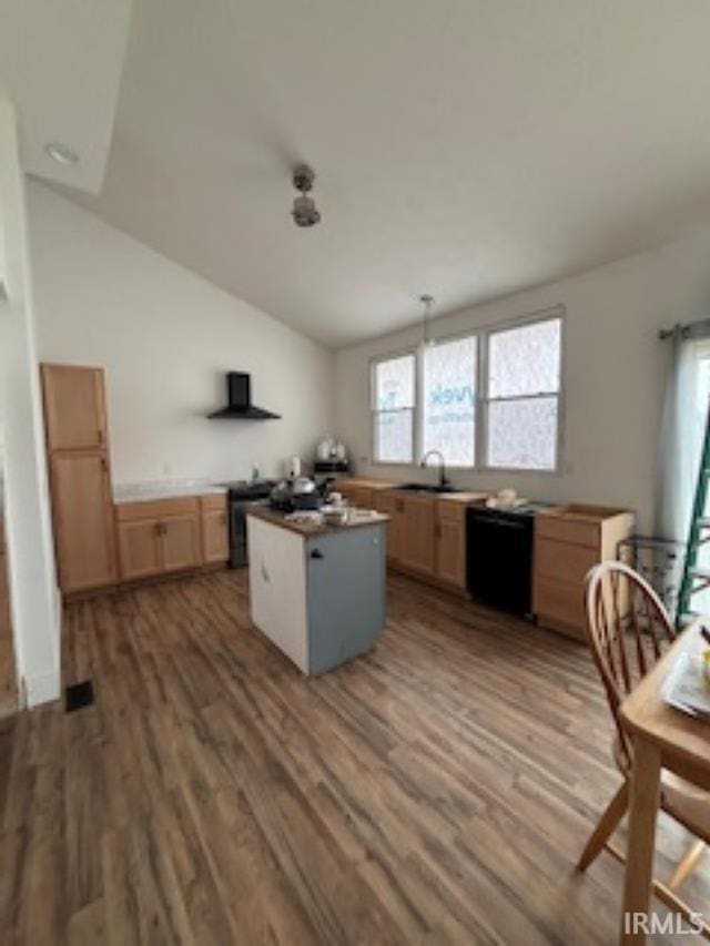 kitchen with dishwasher, a center island, exhaust hood, vaulted ceiling, and wood-type flooring