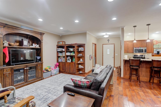 living room featuring crown molding and light hardwood / wood-style flooring