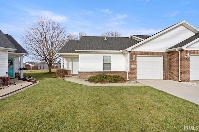 single story home with a front lawn and a garage